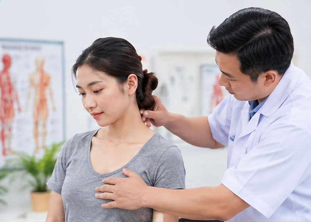 Bác sĩ kiểm tra vùng vai gáy cho người bệnh