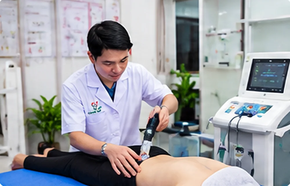 Kỹ thuật viên điều trị bằng máy sóng xung kích