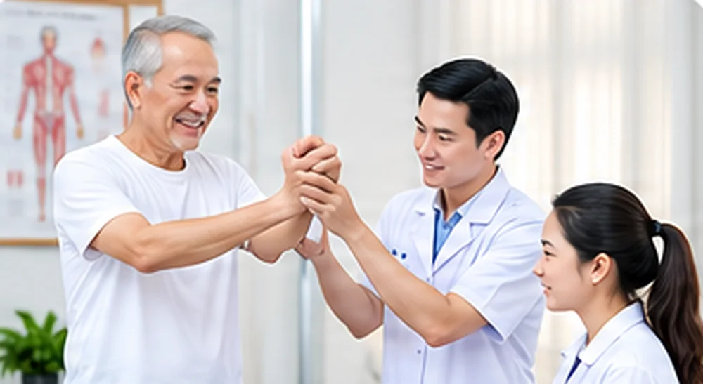 Bác sĩ hướng dẫn người bệnh tập phục hồi vận động
